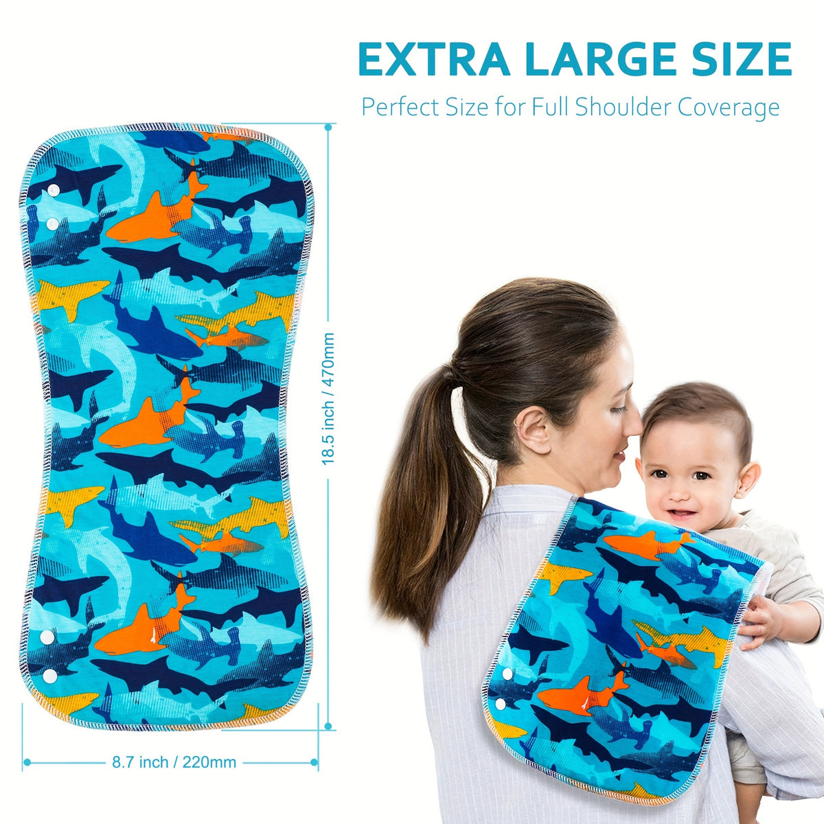 Large Baby Burp Cloths with Snaps, 6-Pack Soft Absorbent 3-Layer Spit-Up Rags, 18.5 x 8.7 Inch Shoulder Cloths in Shark or Water Ripple Styles