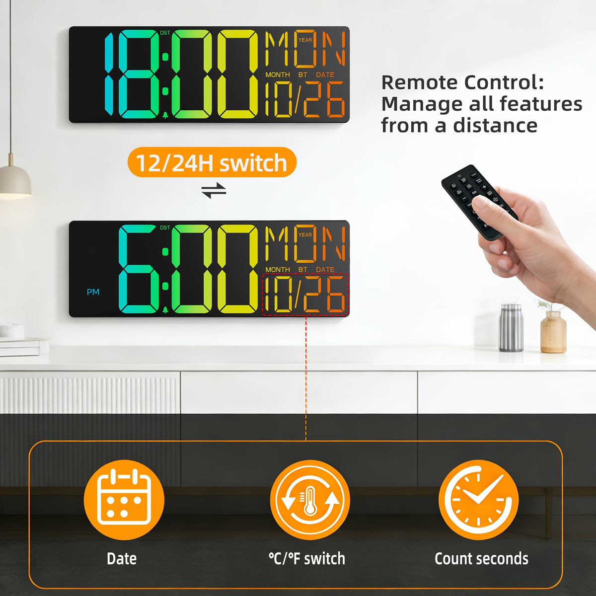 LED Digital Wall Clock 18 Inch with 8 RGB Display Colors, Remote Control and 10-Level Dimming, Timer, Temperature and Alarm for Home Rooms