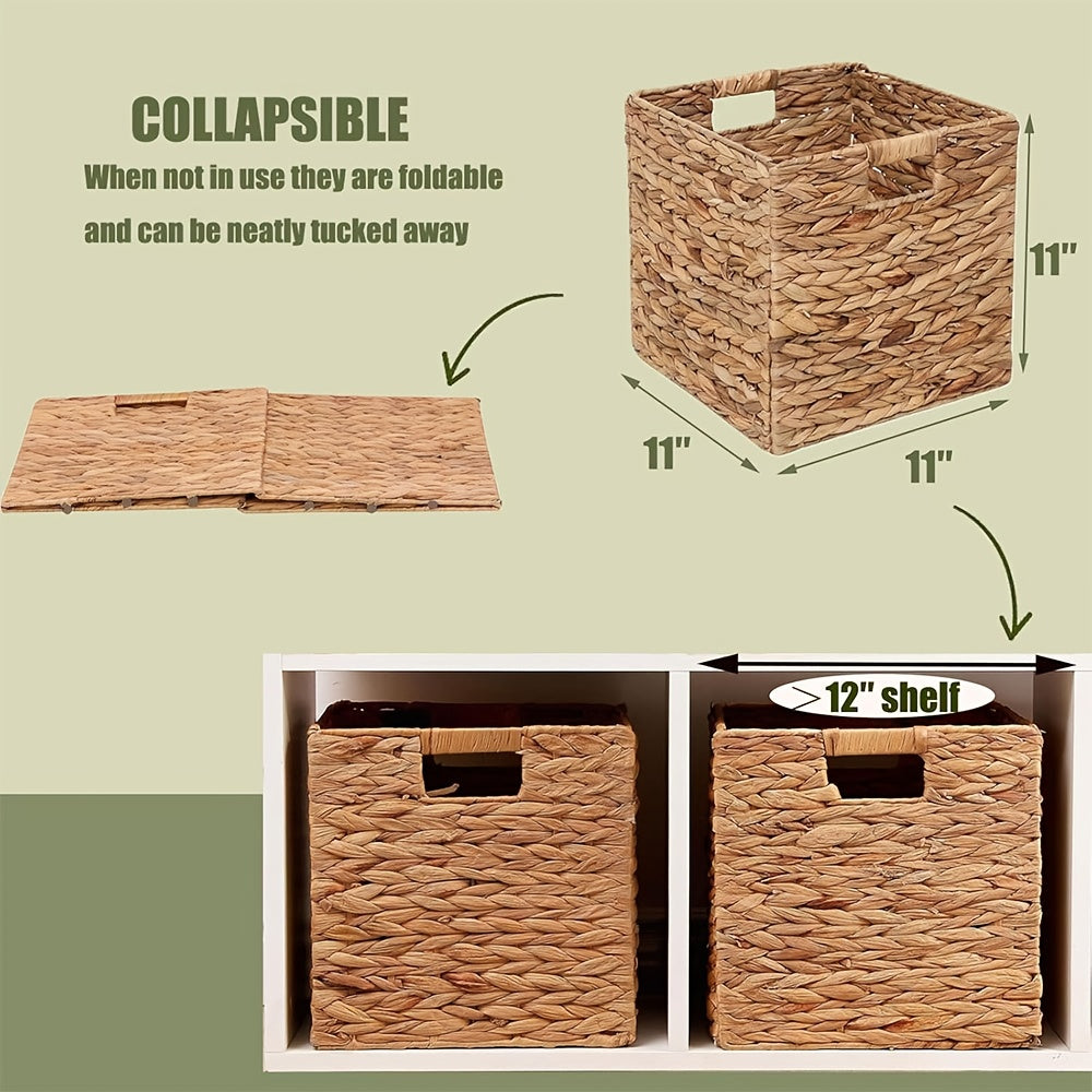 Handwoven Water Hyacinth Cube Storage Basket, Foldable 11 x 11 Inch Organizer for Shelves, Laundry and Everyday Home Clutter with Pack Options