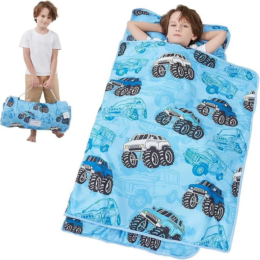 Kids Nap Mat with Pillow and Blanket for Preschool Daycare, Roll-Up Slumber Mat for Boys and Girls, Colorful Prints for Travel and Rest Time