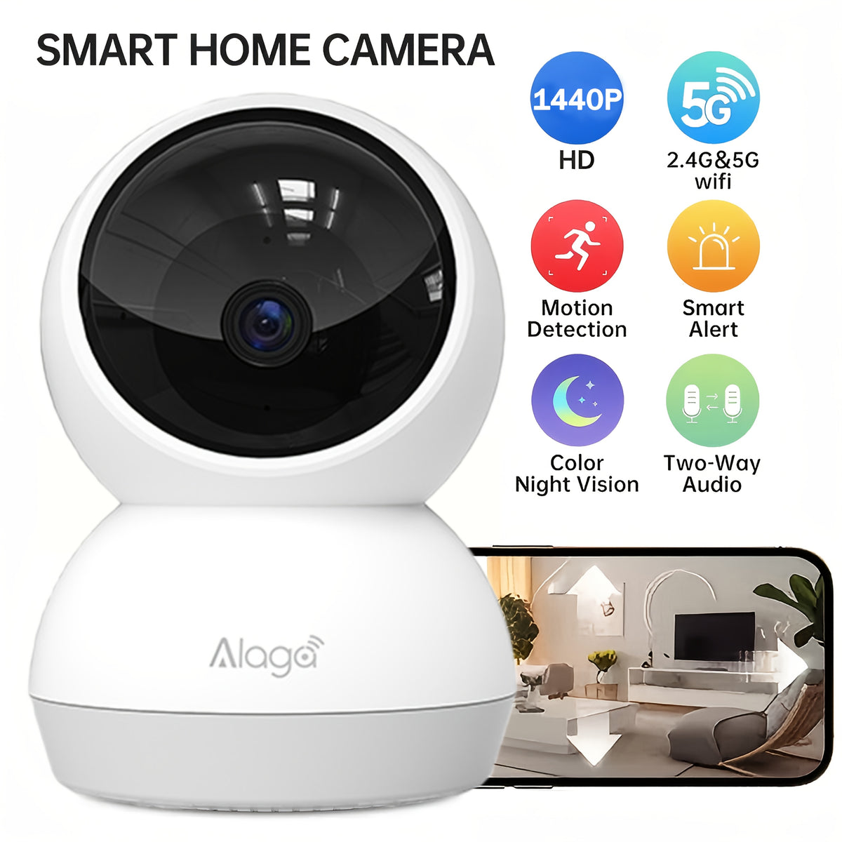 2K WiFi Indoor Security Camera with AI Motion Alerts, Night Vision, Two-Way Audio, 2.4G/5G Connectivity and Smartphone Monitoring for Home or Nursery