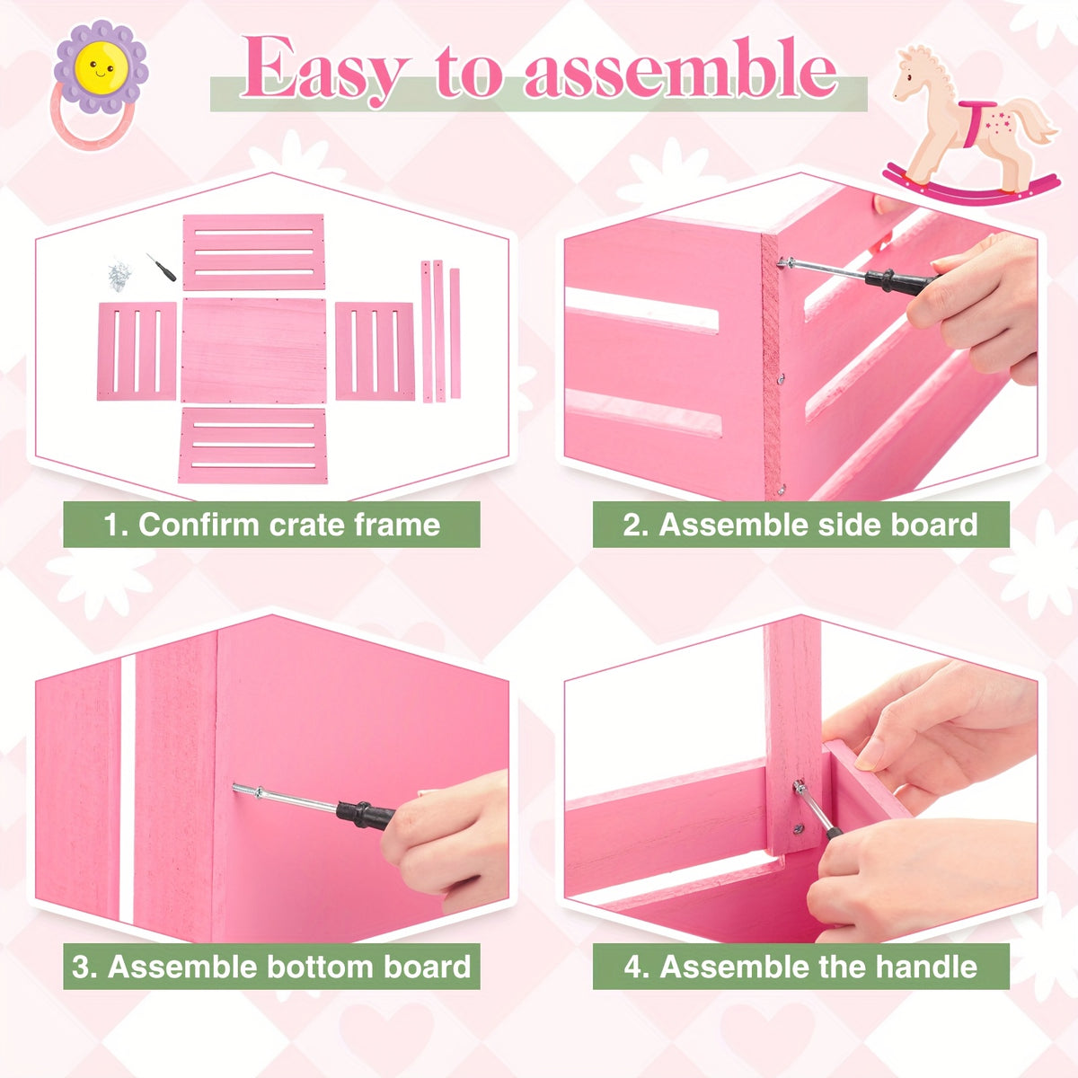Wood Shower Storage Crate with Handle - Multi-Use Baby Shower Gift Basket & Diaper Storage Organizer, Solid Wood Keepsake Box for Onesies, Diapers and Samples, Gender Reveal Party Gift (Pink & Classic)