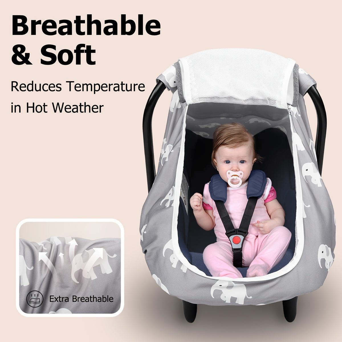 Stretchy Infant Carrier Cover with Large Window, Beavtaens Breathable Baby Car Seat Canopy in Elephant, Flower, Leaves, Rainbow or Sun Prints