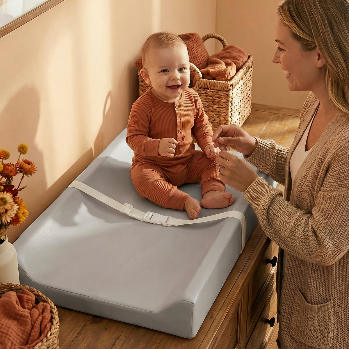 Contoured Dresser Changing Pad by PASAMIC, 15.74 x 31.1-Inch Waterproof Wipeable Baby Diaper Mat with Secure-Grip Design in Grey, Beige or Pink