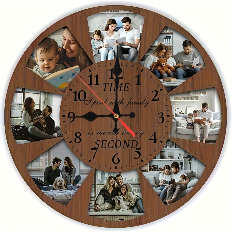 Custom Photo Collage Nursery Wall Clock with Round Wood-Grain Look, Personalized Battery-Operated Room Decor in 9.9 or 11.9 Inch Sizes