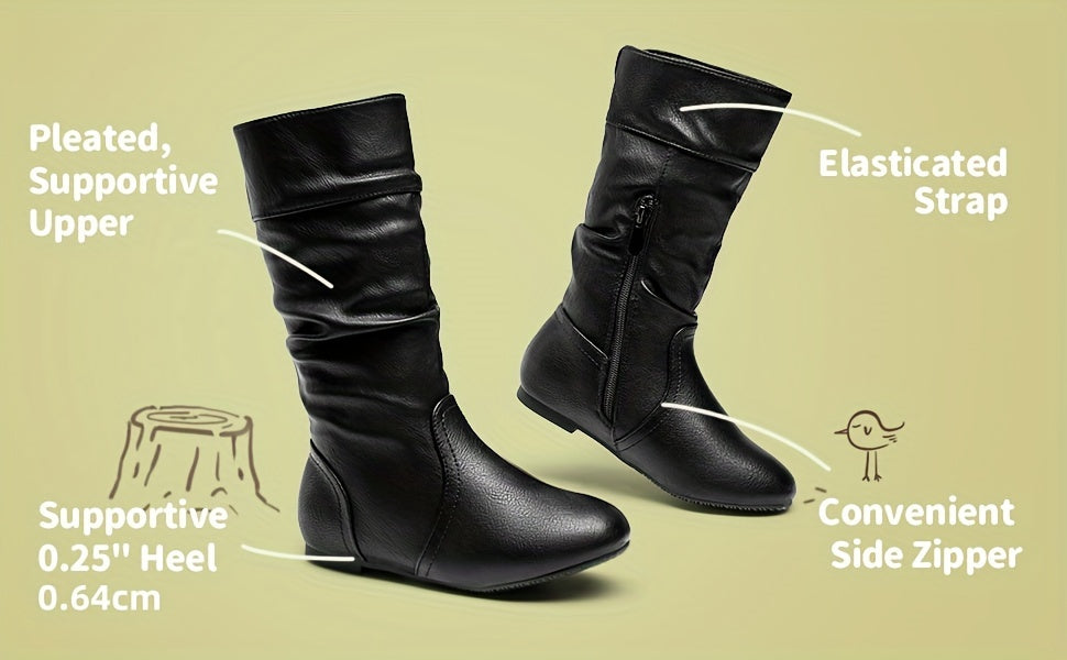 Kids' Winter Boots with Faux Fur Lining, Knee-High Side-Zip Fashion Boots with Elastic Gore for Toddler, Little Kid & Big Kid, Black & Brown