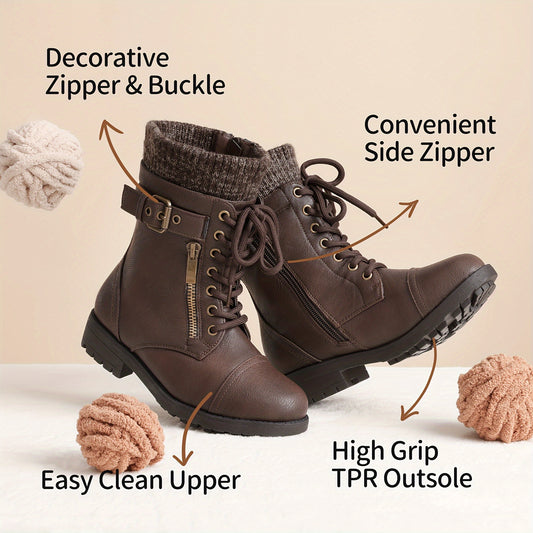 Girls' Lace-Up Western Boots, Mid-Calf Cowboy Style with Round Toe, PU/Fabric Upper and TPR Sole for Fall & Winter, Toddler, Little Kid & Big Kid Sizes