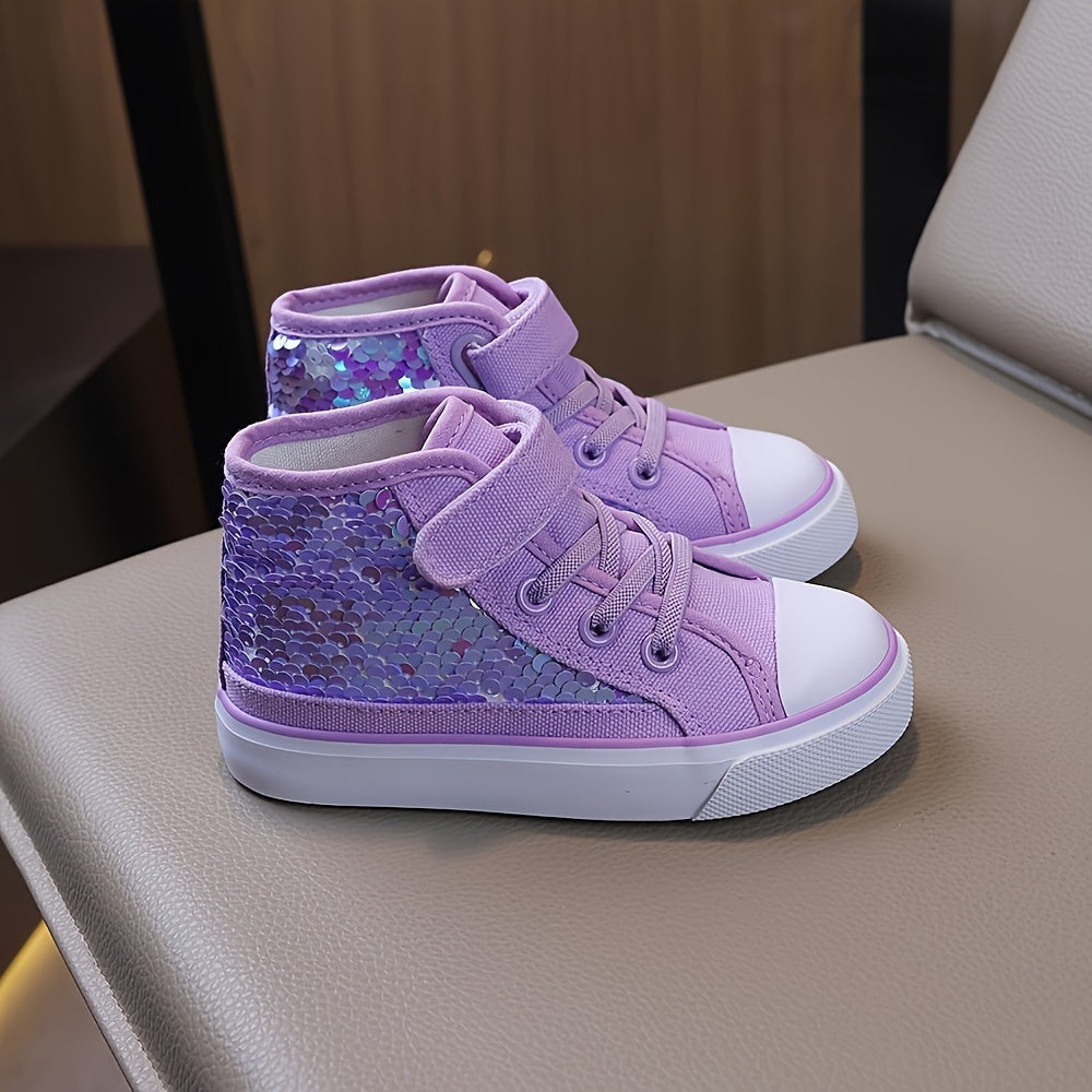 Purple Sequin High-Top Sneakers for Girls with Hook-and-Loop Closure, Lightweight Canvas-Style Casual Shoes for Toddler to Big Kid Everyday Outfits