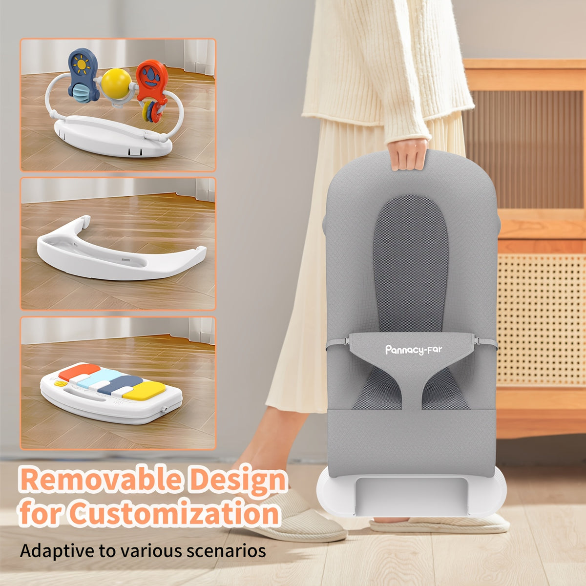 Piano Baby Bouncer and Rocker, 3-in-1 Portable Seat with Detachable Keyboard, Feeding Tray, Play Bar and Three Adjustable Incline Positions