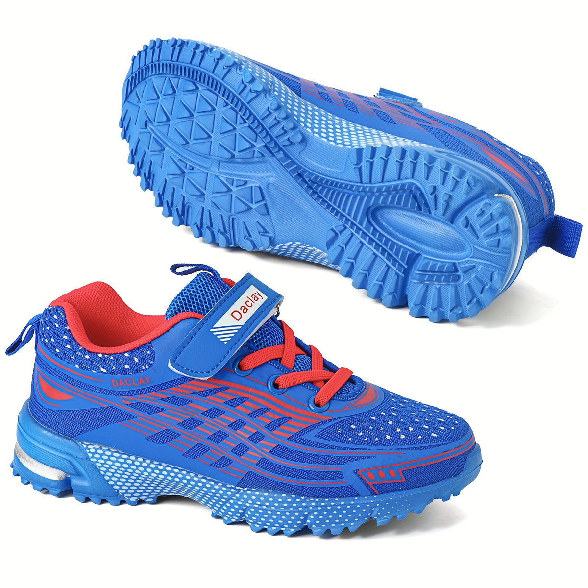 Boys Hook-and-Loop Sneakers in Blue, Breathable Low-Top Sport-Style Shoes with Geometric Pattern for Little Kid and Big Kid Casual Outings