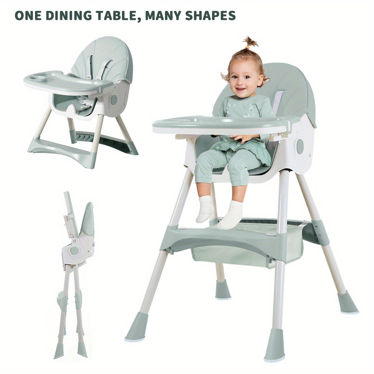 Foldable Baby High Chair with Removable Tray, Portable Dining Seat for Baby Mealtimes, Space-Saving Feeding Chair in Pink, Green or Khaki