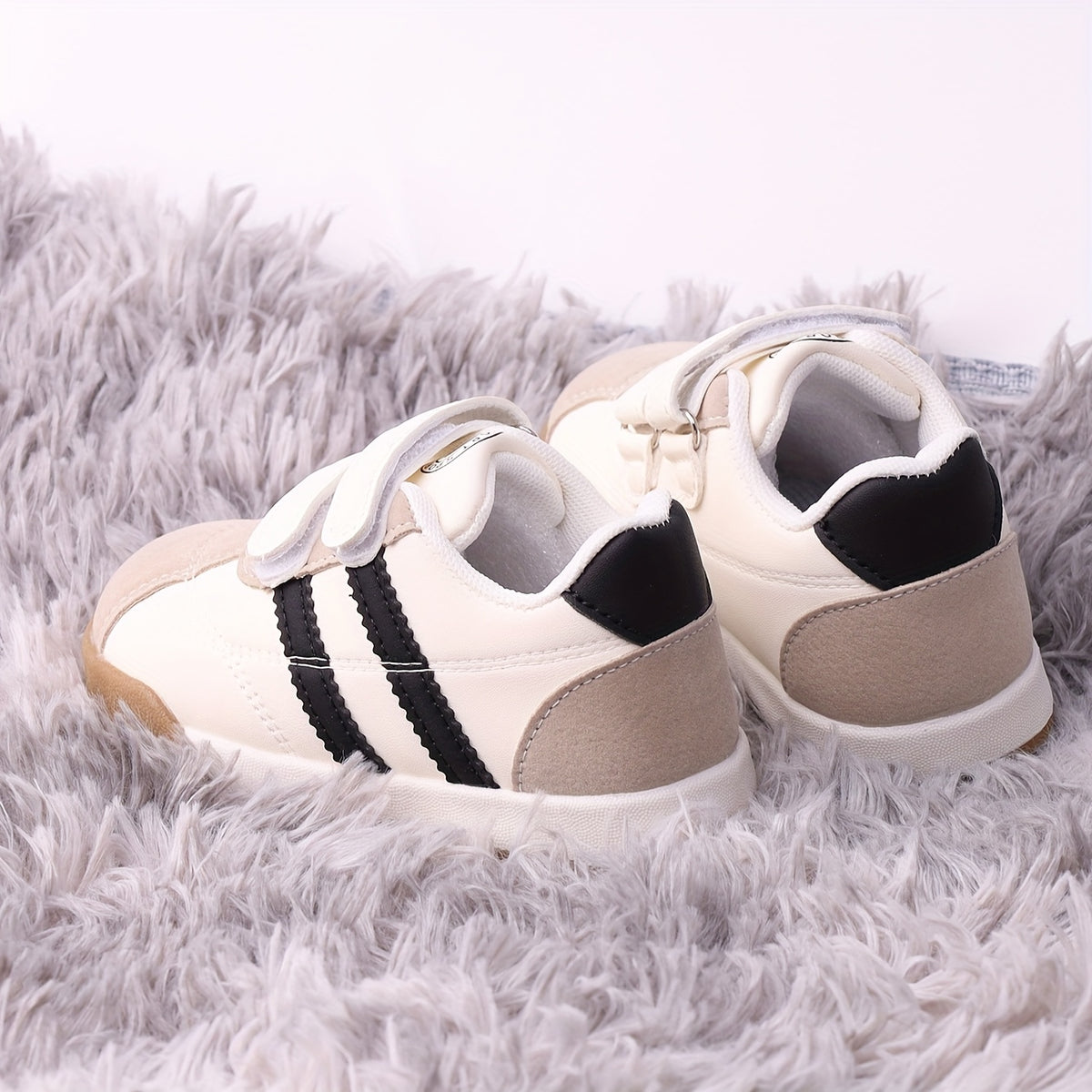 Boys Double-Strap Sneakers with Contrast Side Stripes, Thick-Sole Low-Top Casual Shoes in Black or Red Options for Toddler and Little Kid Everyday Outfits