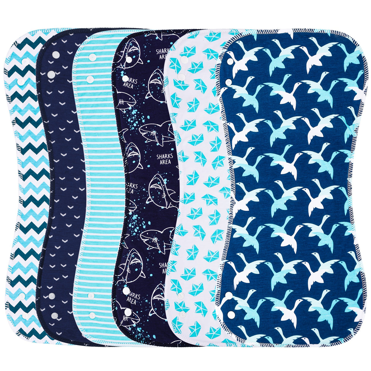 Large Baby Burp Cloths with Snaps, 6-Pack Soft Absorbent 3-Layer Spit-Up Rags, 18.5 x 8.7 Inch Shoulder Cloths in Shark or Water Ripple Styles