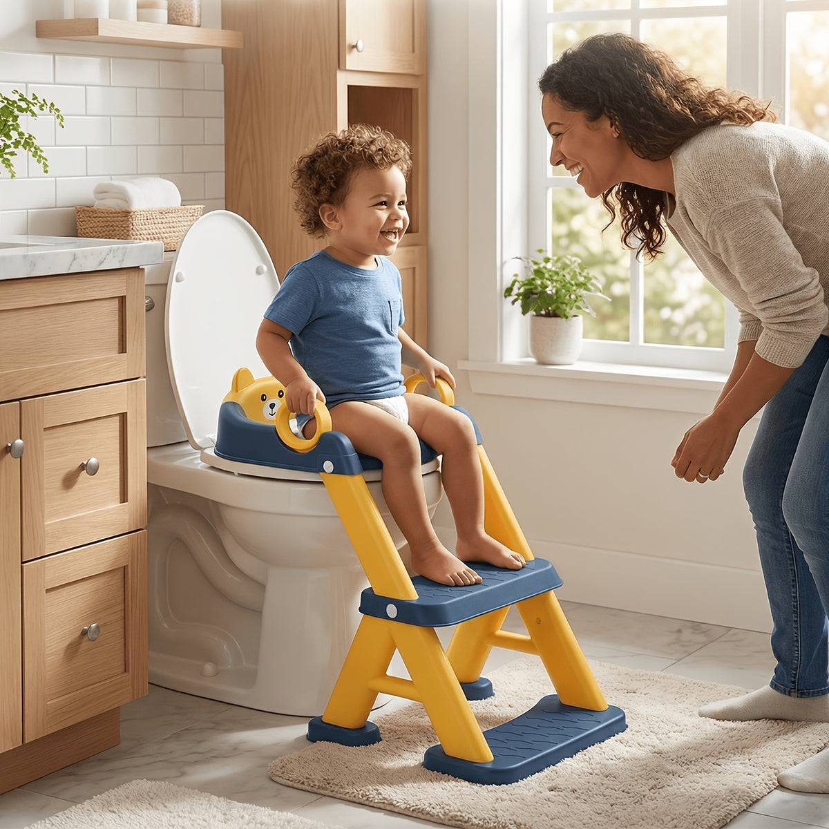 Toddler Potty Training Seat with Non-Slip Step Stool, 2-in-1 Toilet Seat for Boys and Girls with PVC Mat and Cleaning Brush, Blue Pink or Gray
