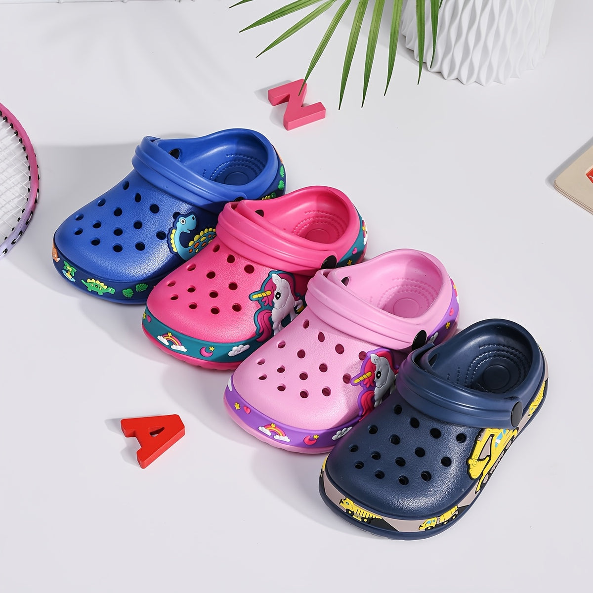 Kids Cartoon EVA Clogs with Ventilation Holes and Heel Strap, Lightweight Summer Slip-On Shoes in Navy, Rose Red, Pink or Blue for Toddlers and Little Kids