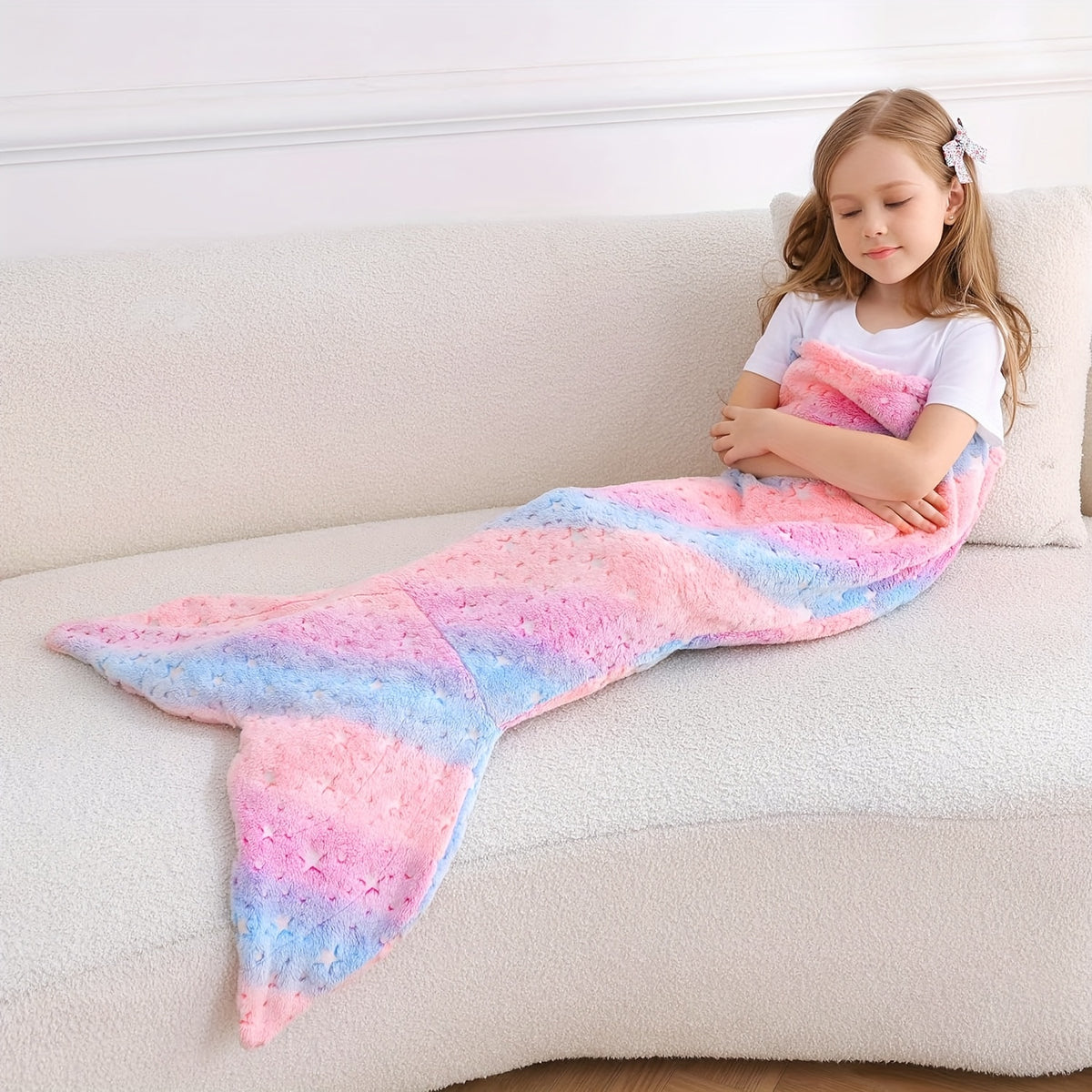 Mermaid Tail Blanket for Girls, Soft Polyester Knit Fish Tail Throw with Colorful Tie-Dye Unicorn-Inspired Design for Cozy Reading and Gift Giving