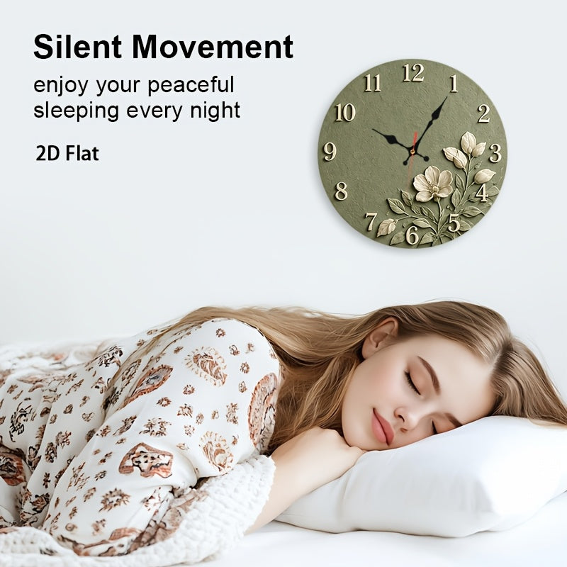 Sage Green Floral Nursery Wall Clock, Silent Non-Ticking 12-Inch Round Battery-Powered Baby Room Decor for Bedroom, Playroom or Classroom