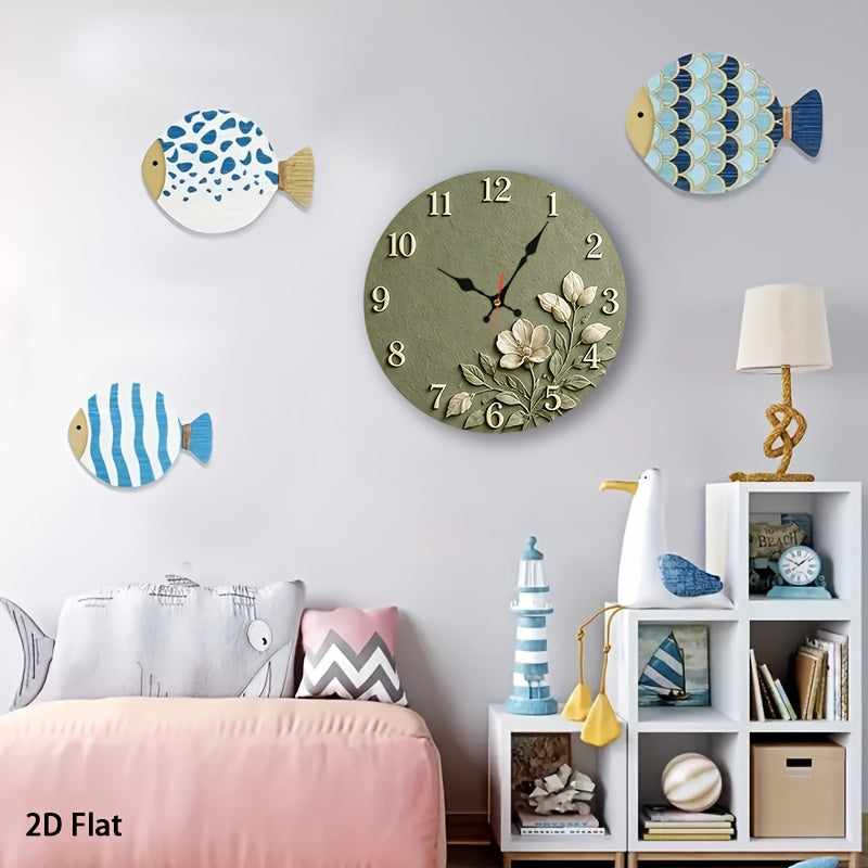 Sage Green Floral Nursery Wall Clock, Silent Non-Ticking 12-Inch Round Battery-Powered Baby Room Decor for Bedroom, Playroom or Classroom