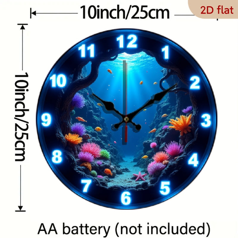 Underwater Nursery Wall Clock 10 Inch with Glow-in-the-Dark Fish and Coral Print, Silent Round 2D Flat Clock for Ocean-Themed Room Decor