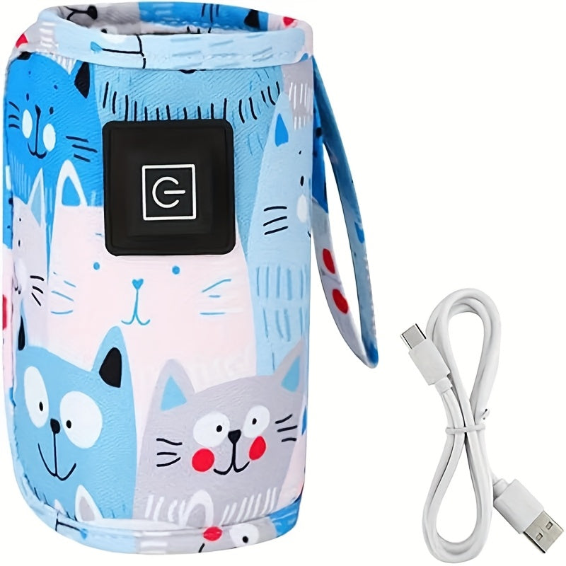 Travel Bottle Warming Cover with 3 Temperature Settings, USB-Powered Portable Baby Milk Warmer Sleeve with Colorful Cat Prints