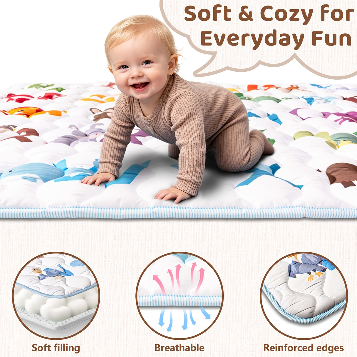 Patterned Baby Floor Mat 50 x 50 Inches, Soft Washable Playpen and Crawling Surface with Anti-Slip Bottom for Tummy Time and Supervised Indoor Play