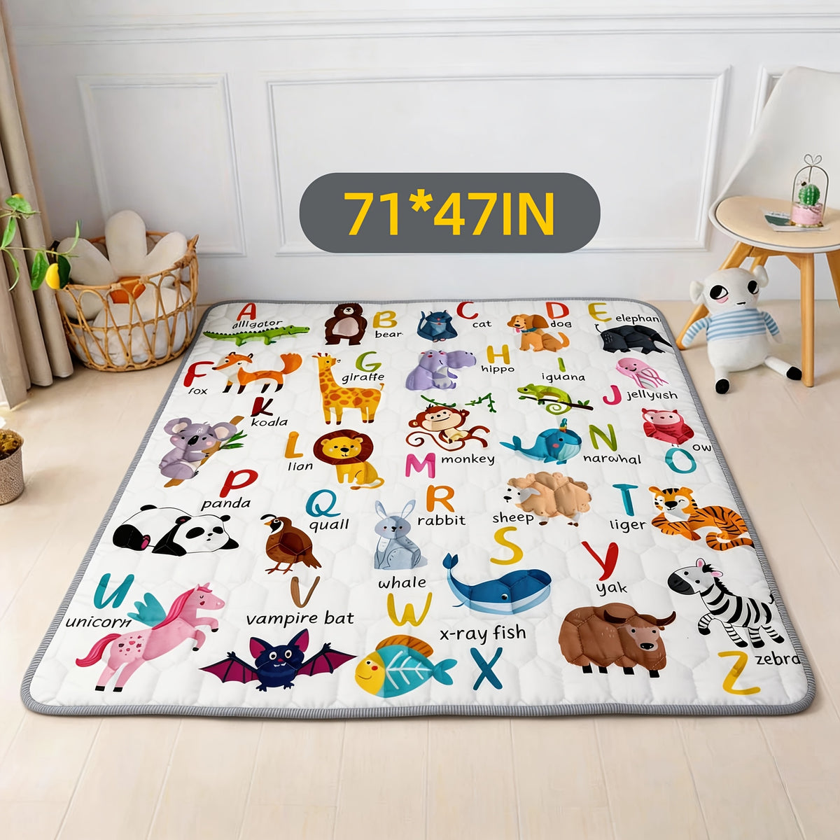 Animal Alphabet Baby Play Mat, Soft Non-Slip Foldable Crawling Floor Mat for Supervised Tummy Time, Machine Washable with Multiple Size Options