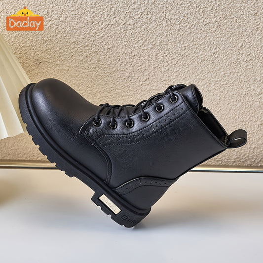 Boys Black Lace-Up Ankle Boots with Side Zipper and Pull Tab, Daclay Solid Color Casual Footwear for Toddler, Little Kid and Big Kid Fall and Winter Outfits