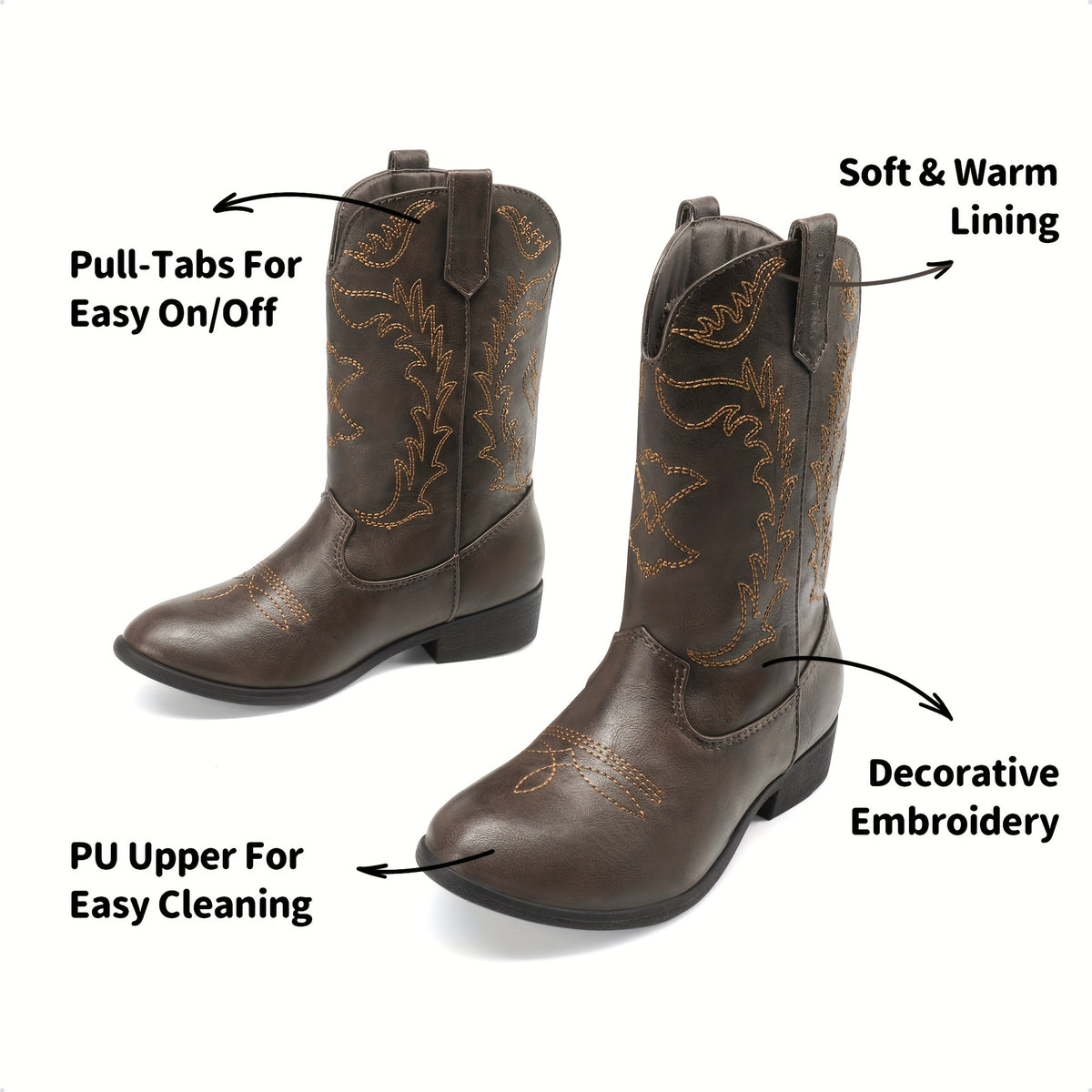 Embroidered Mid-Calf Western Riding Boots for Kids - Pull-On Cowboy Cowgirl Boots with Round Toe, Soft Lining & Flexible TPR Sole for Boys & Girls, Little Kid & Big Kid Sizes