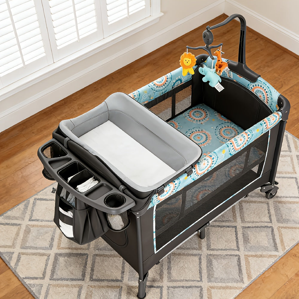 5-in-1 Pack and Play Baby Crib with Detachable Changing Table, Includes Mattress, Storage, Music, and 3 Adjustable Heights, Portable Large Playard for Newborn Baby, Supports Up to 19 Pounds