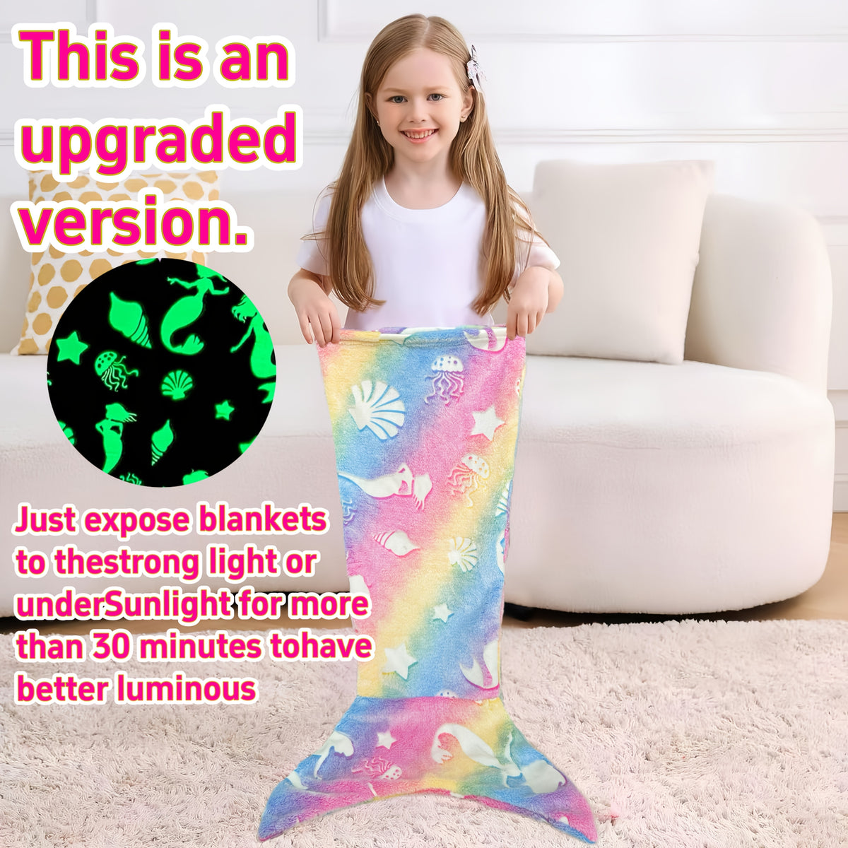 Mermaid Tail Blanket for Girls, Soft Polyester Knit Fish Tail Throw with Colorful Tie-Dye Unicorn-Inspired Design for Cozy Reading and Gift Giving