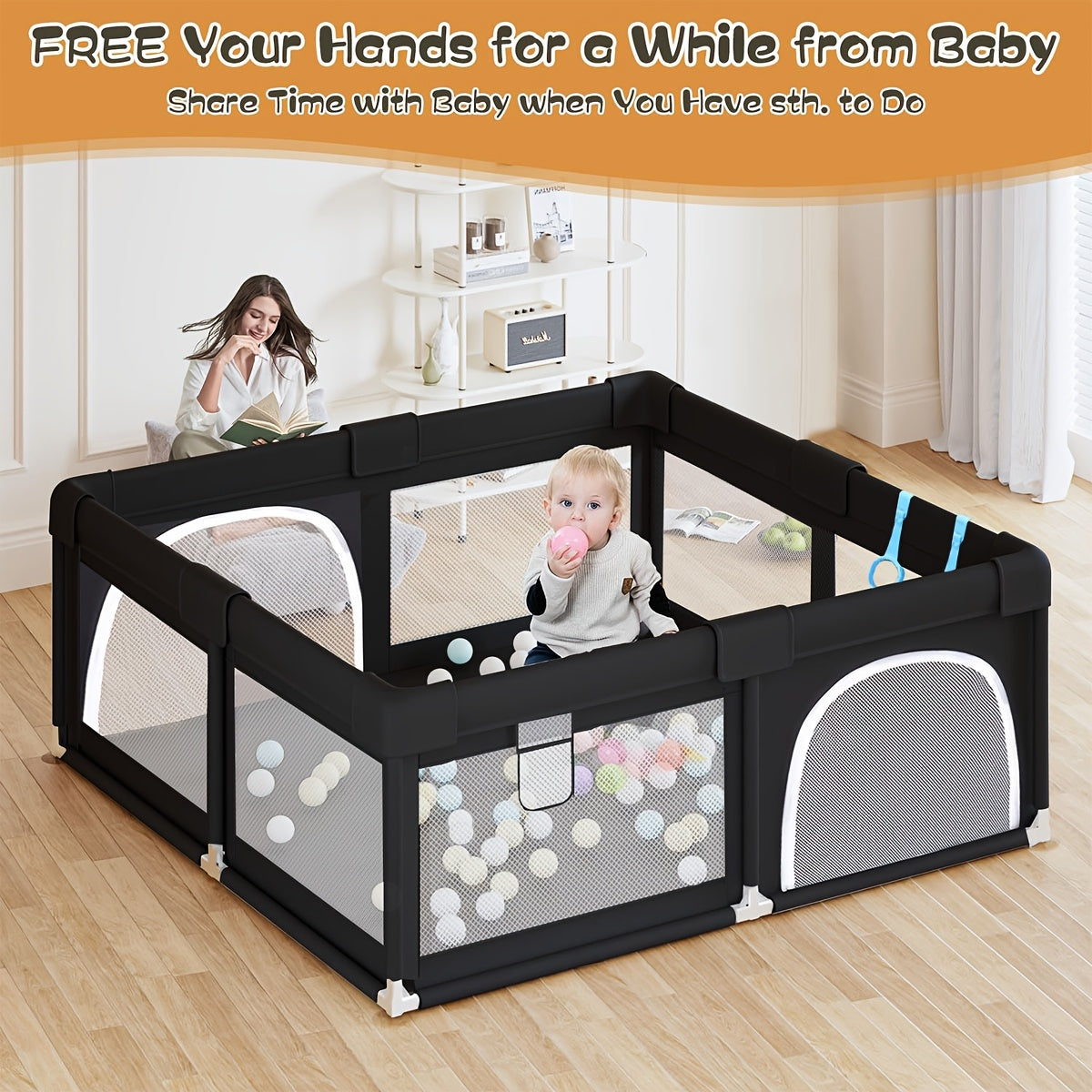 47 x 47 Inch Baby Playpen for Indoor and Outdoor Activity, Black Mesh Play Yard Fence for Babies and Toddlers with Soft Fabric Sides