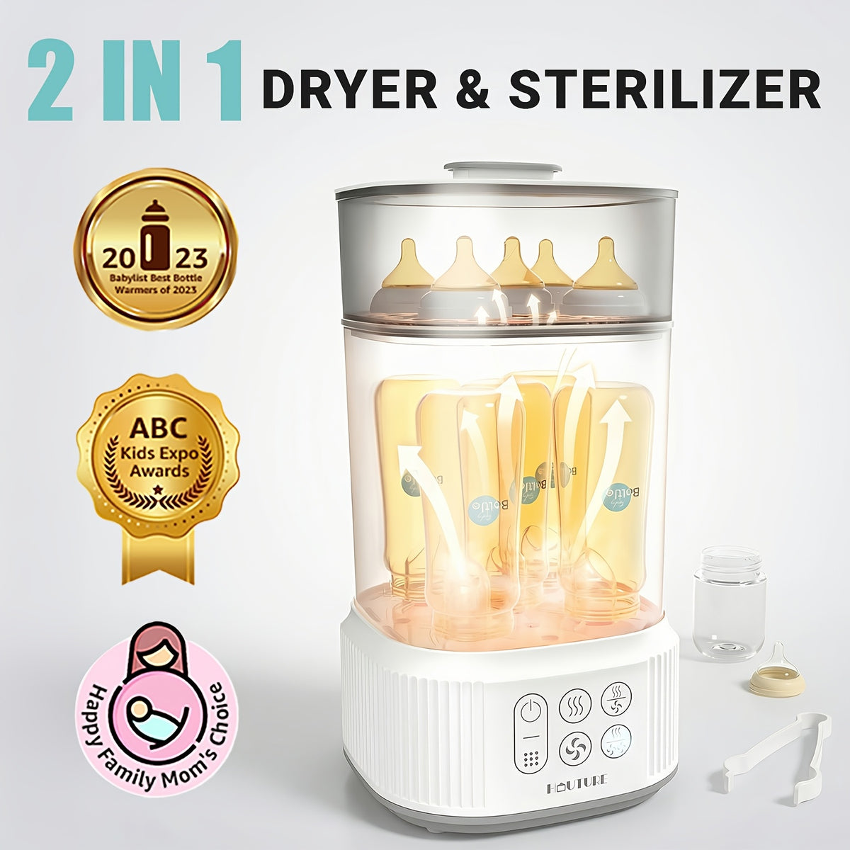 2-Tier Large Capacity Electric Bottle Sterilizer and Dryer, Steam Sterilization Kills 99.9% of Germs, Universal Fit for Breast Pump Parts, Glass and Plastic Baby Bottles, Auto Shut-Off, Great Gift
