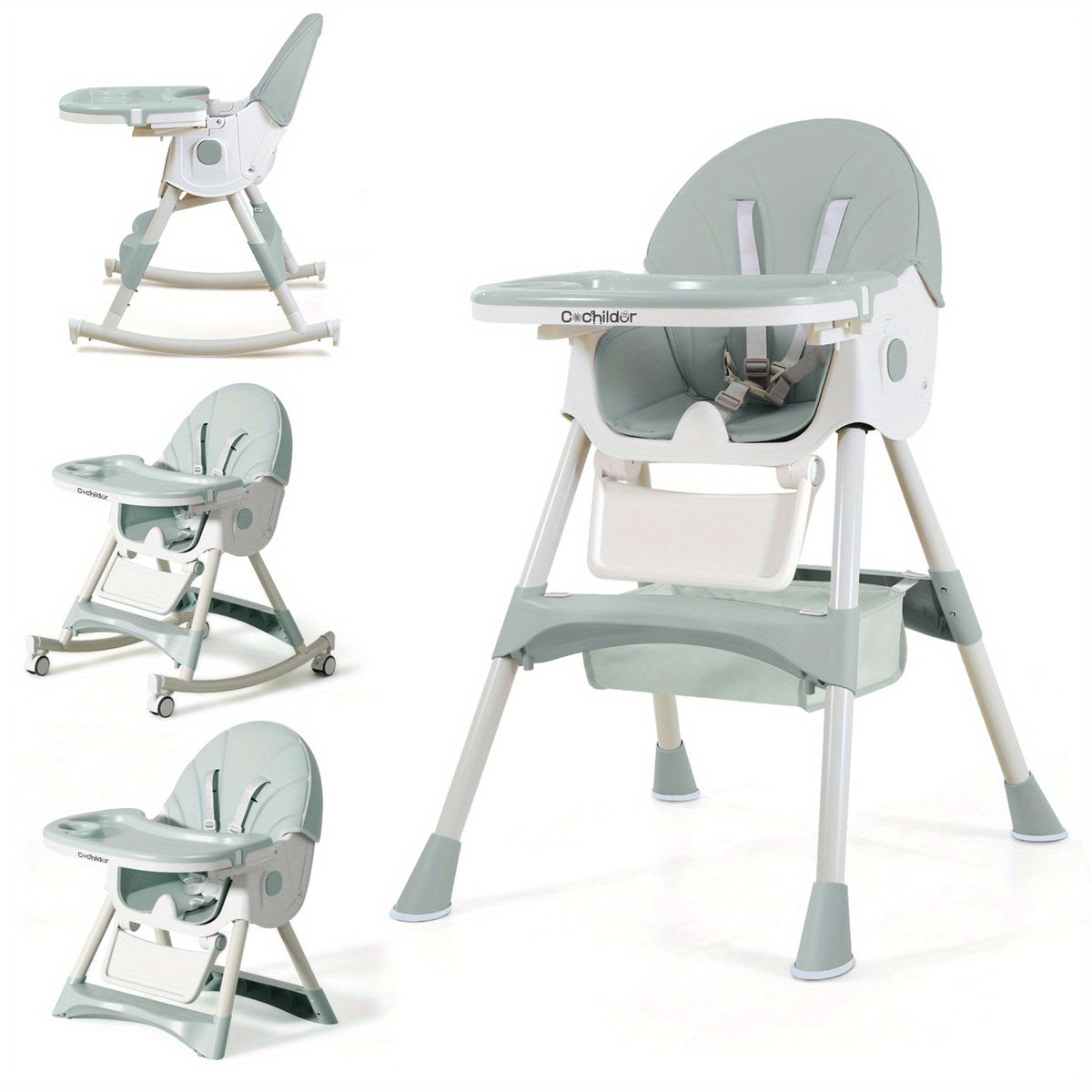 Adjustable Baby Dining Chair with Tray, Convertible Folding High Chair with Multi-Position Backrest and 5-Point Harness for Home Meals and Outings