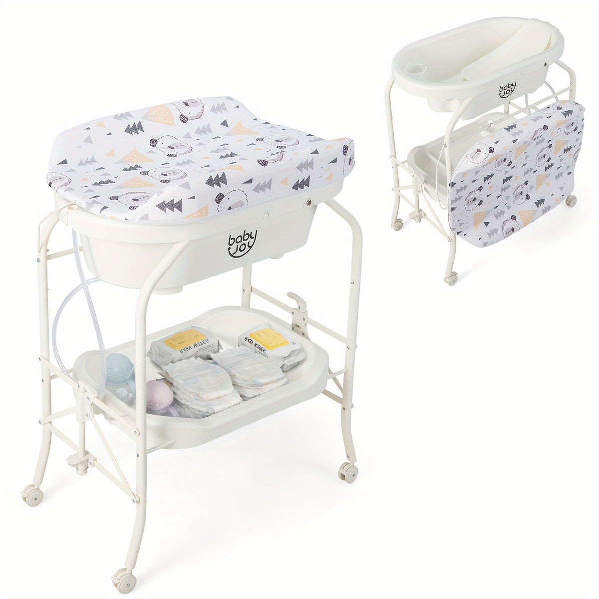 Folding Baby Changing Table with Bathtub and Wheels, Portable Diaper Station and Storage Shelf for Infants 0-12 Months, Space-Saving Rolling Nursery Cart with Weight Capacity, Blue