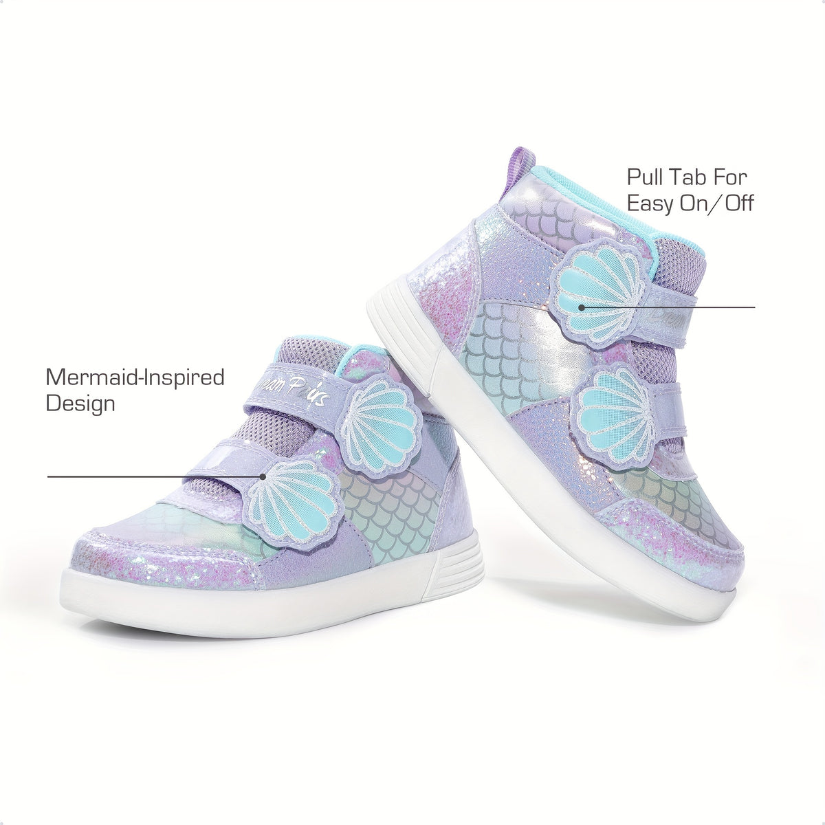 Girls Shell-Pattern High-Top Sneakers with Shiny Detail, Casual Walking Shoes for Toddlers and Little Kids in Pink, Lavender or White