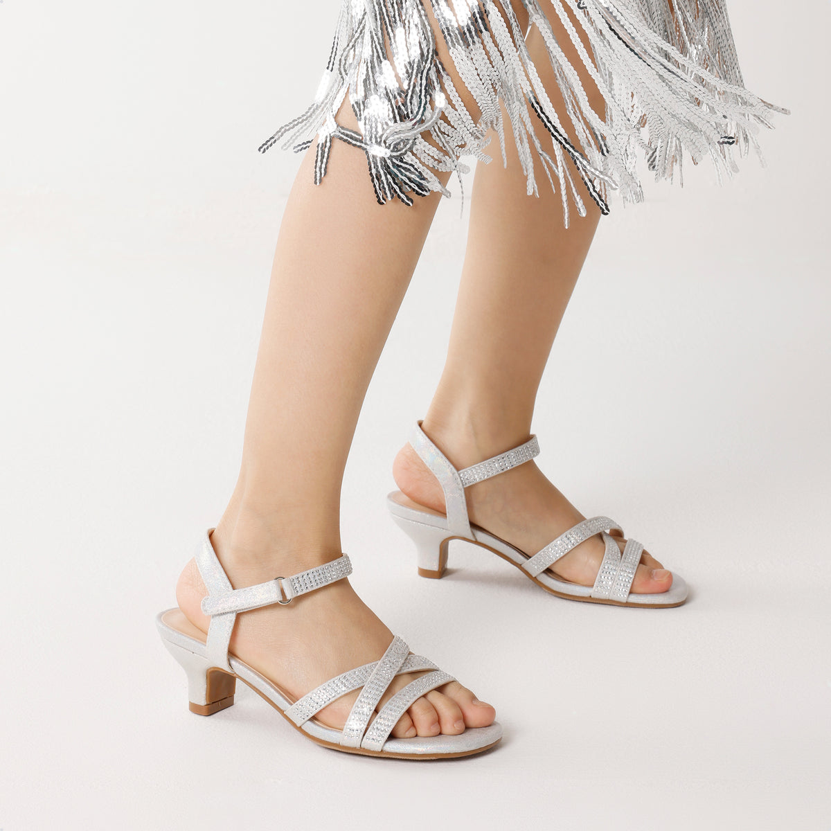Floral Girls Low Heel Sandals with Open Toe Design, Dress Shoes for Little and Big Kids in Gold, Rose Gold, Silver or White for Weddings and Parties