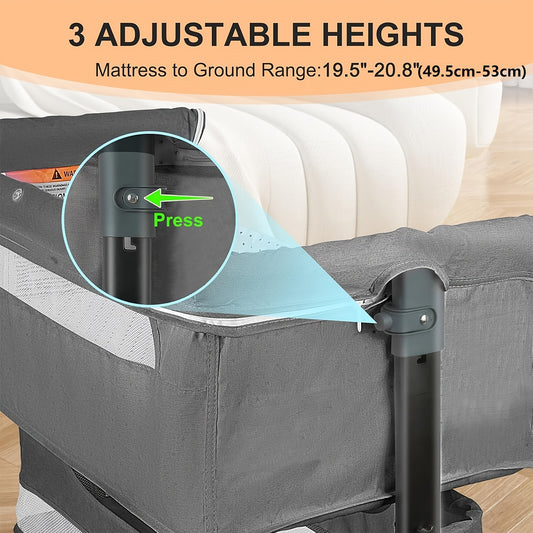 Adjustable Bedside Baby Bassinet with Lockable Wheels, Mosquito Net, Storage Bag and Mattress, Pink or Dark Gray Infant Sleeper