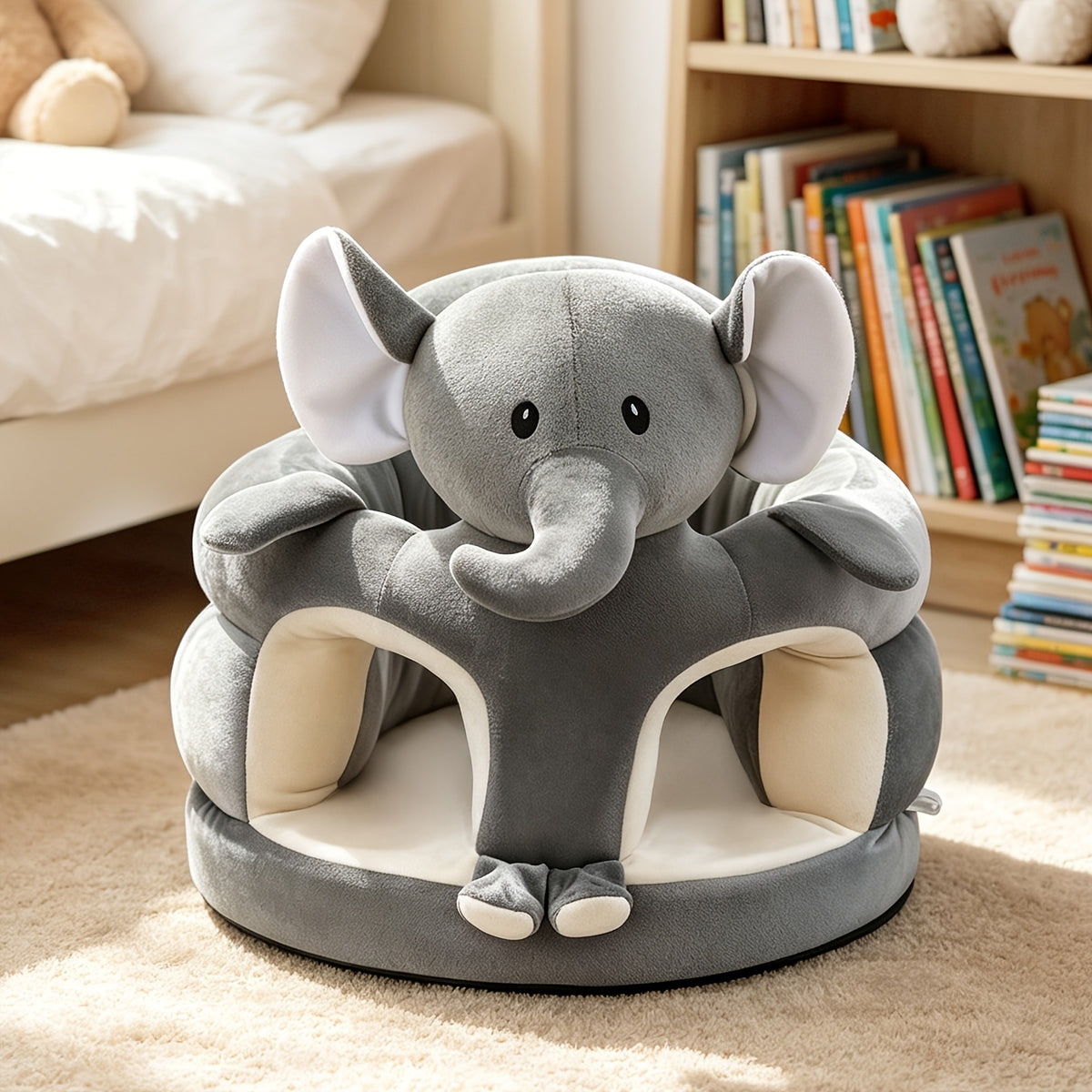 Plush Toddler Floor Seat with Back Support, Cartoon Elephant or Bear Baby Sofa Chair for Supervised Sitting and Play in Nursery or Living Room