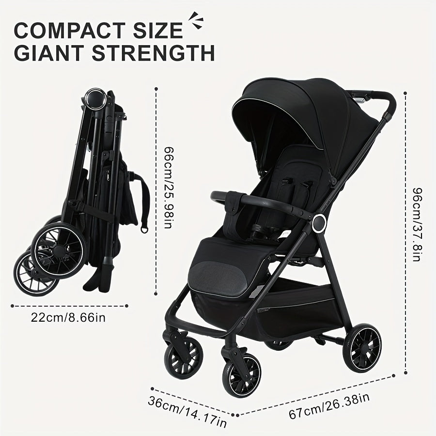 Compact Folding Baby Stroller with Reclining Seat, Canopy and Under-Seat Storage Basket, Black or Khaki Travel Pushchair for Family Outings