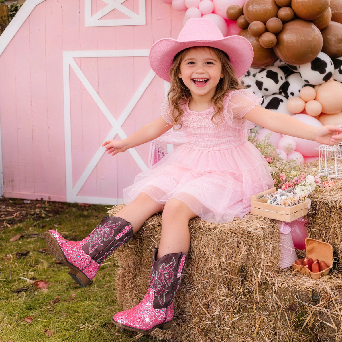 Kids Glitter Cowgirl Boots, Sparkly Western Mid-Calf Pull-On Shoes with Embroidered PU Upper, Round Toe and Easy-Grip Tabs for Girls’ Dance, Dress-Up, Parties & Everyday Play