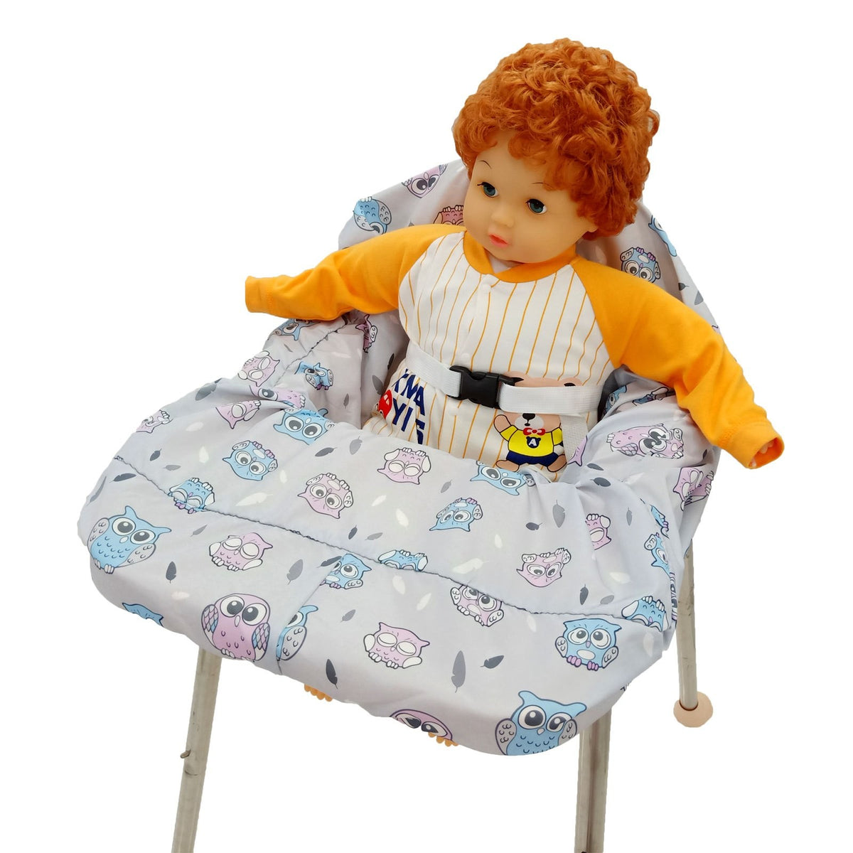 Padded Baby High Chair and Shopping Cart Seat Cover, Machine-Washable Portable Cushion with Attached Storage Bag in Grey Flower or Blue Owl
