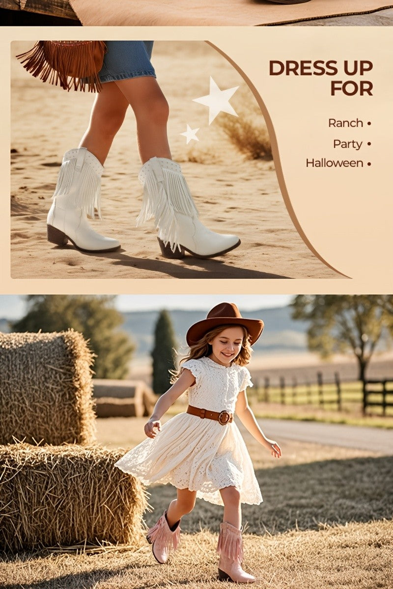 Tassel Fringe Western Ankle Boots for Girls - Star Cutout Cowgirl Boots with Soft Lining, Stable Heel, Easy Slip-On for Parties, Playtime & Dress-Up Fun