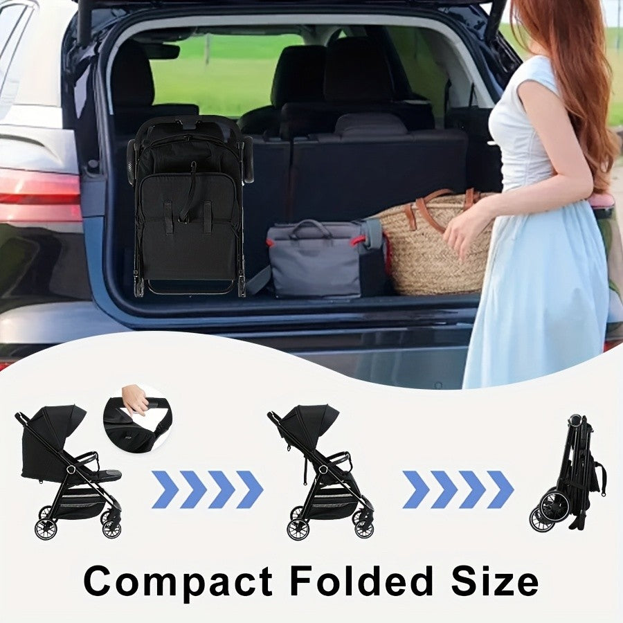 Compact Folding Baby Stroller with Reclining Seat, Canopy and Under-Seat Storage Basket, Black or Khaki Travel Pushchair for Family Outings