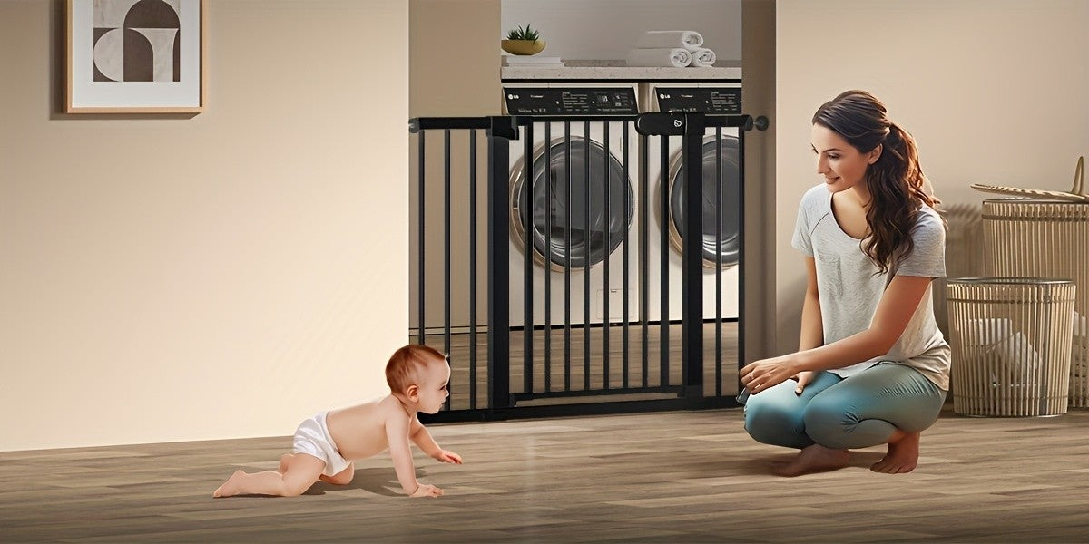 Adjustable Metal Gate 27-43 Inches Wide for Home Openings, Black or White Barrier for Doorway Planning and Family Spaces, Check Fit Before Installation