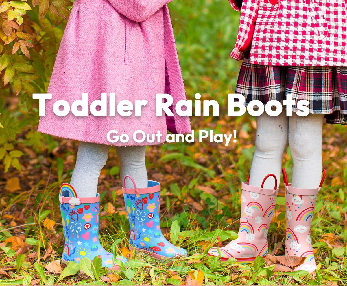 Pull-Handle Kids Rain Boots in PVC, Rainbow Unicorn and Other Color Options with Cartoon Details and Anti-Slip Sole for Toddler to Big Kid Rainy-Day Outings