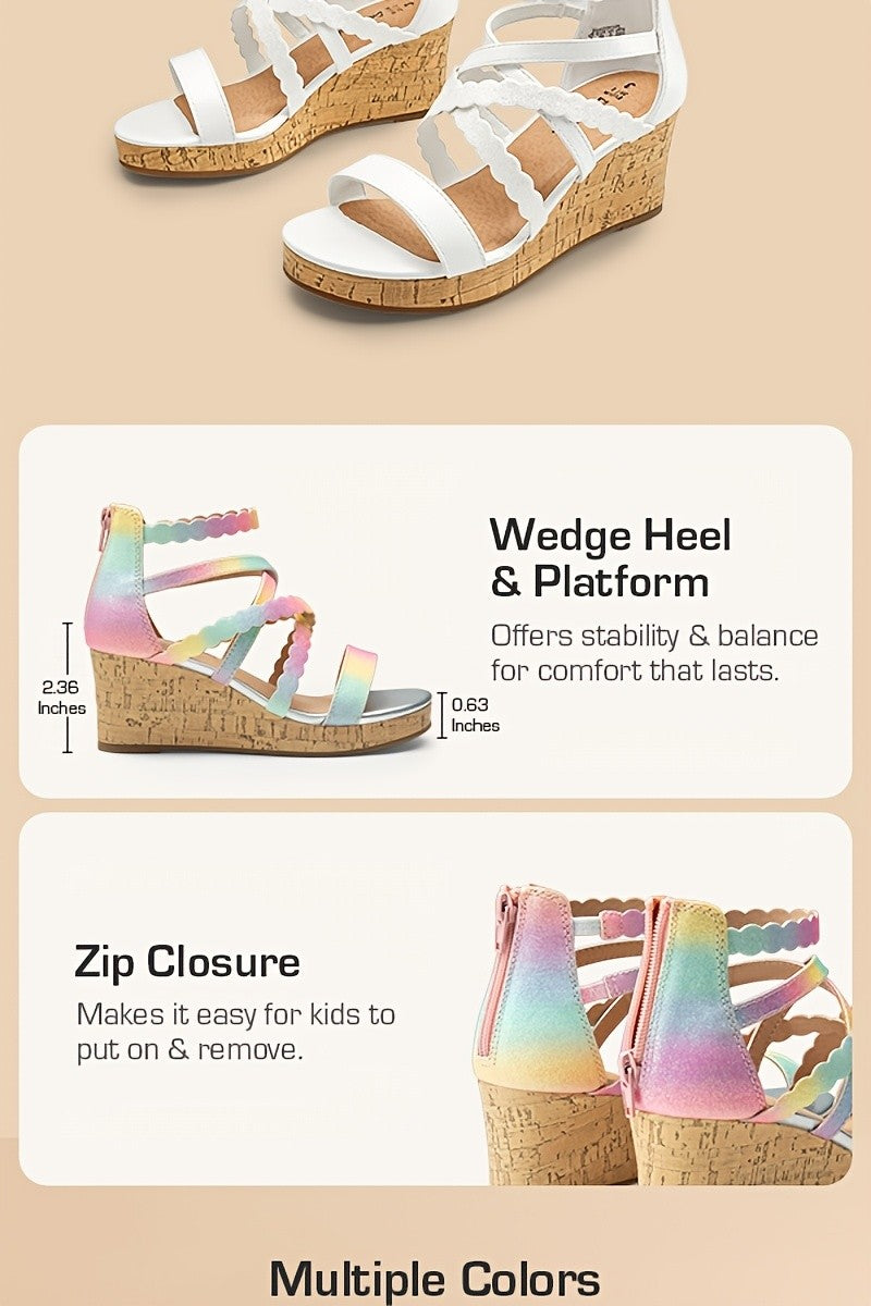 Girls Wedge Dress Sandals with Flower Detail and Shimmering Straps, Open Toe Zip-Back Party and Wedding Shoes for Little Kids and Big Kids