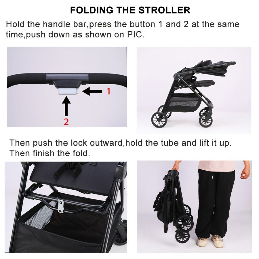 Compact Folding Baby Stroller with Reclining Seat, Canopy and Under-Seat Storage Basket, Black or Khaki Travel Pushchair for Family Outings