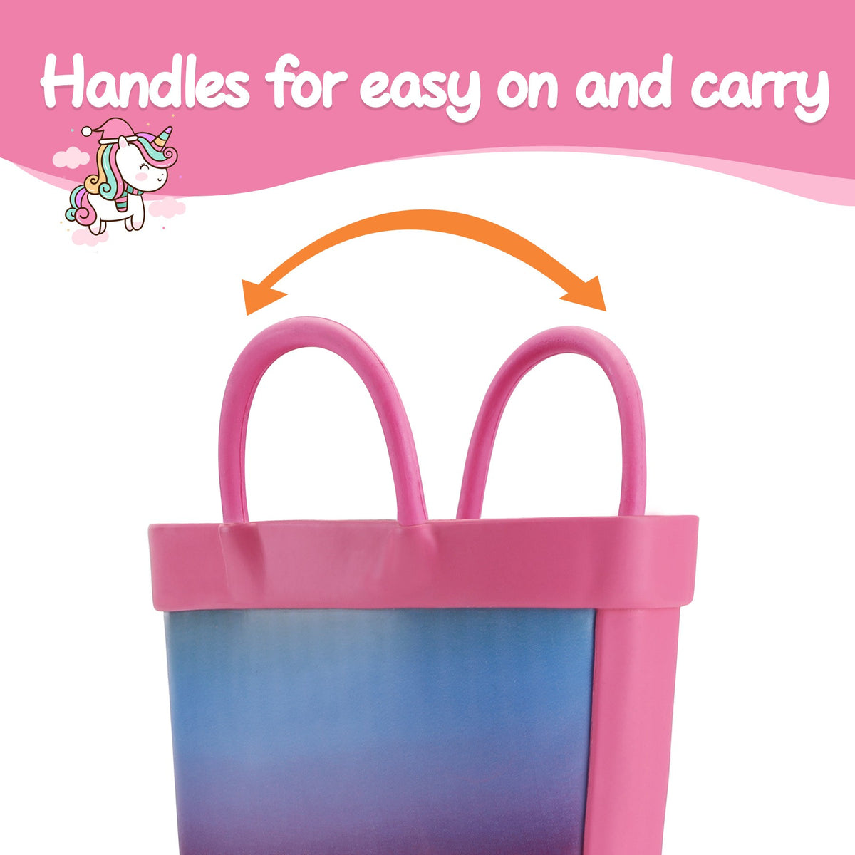 Easy-On Kids Rain Boots with Pull-Up Handles, Soft PVC Toddler to Big Kid Boots with Rainbow Unicorn and Color Options for Rainy Days and Outdoor Play