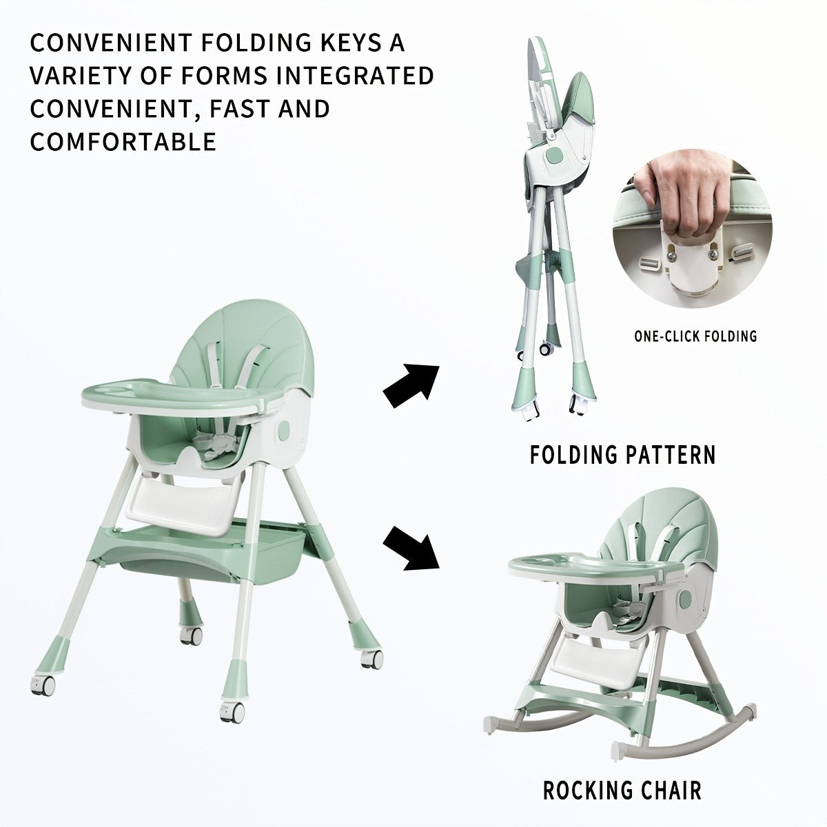 Adjustable Baby Dining Chair with Tray, Convertible Folding High Chair with Multi-Position Backrest and 5-Point Harness for Home Meals and Outings