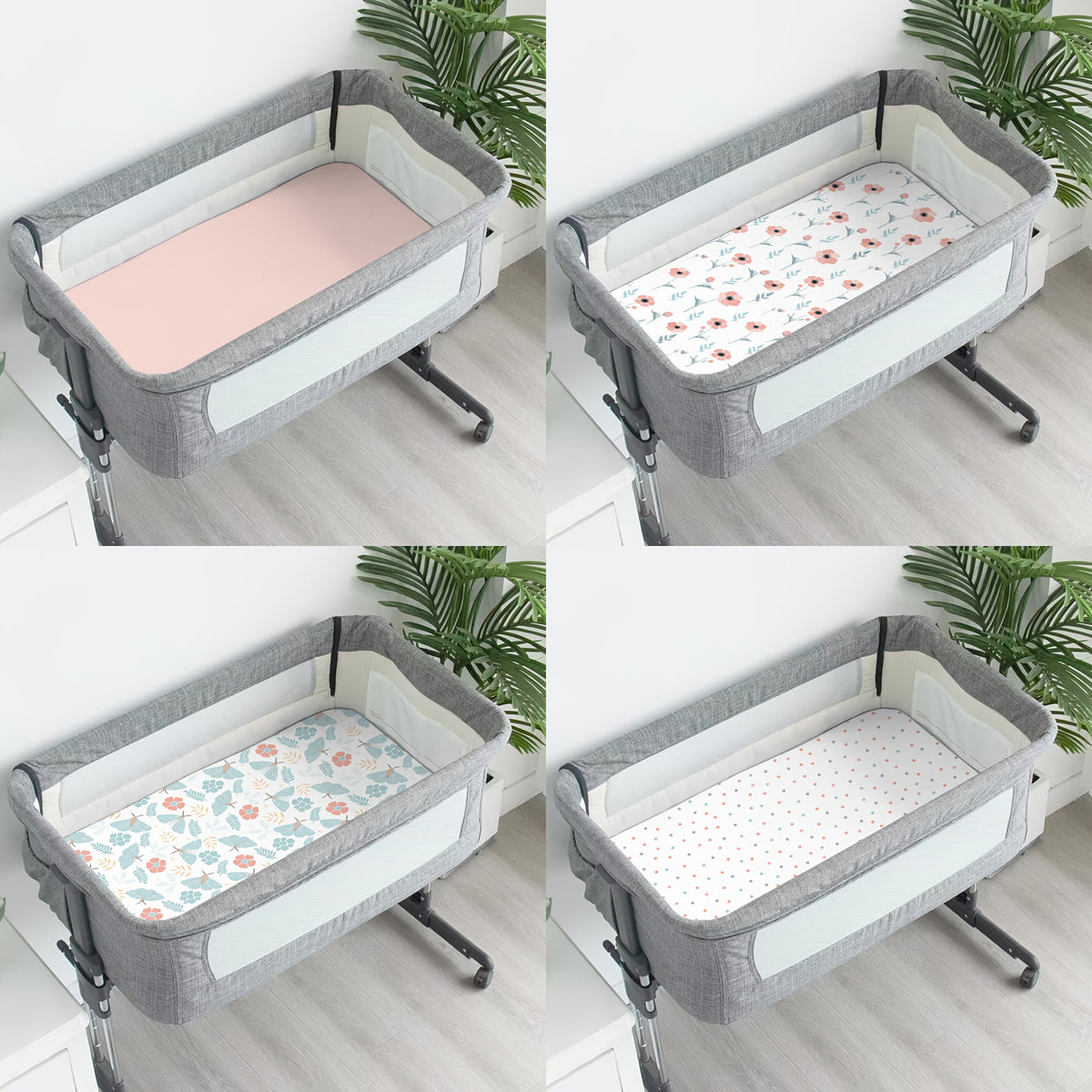 Baby Bassinet Fitted Sheets 4-Pack, 33 x 20 x 4 Inch Printed Nursery Bedding for Compatible Oval or Rectangular Mattresses, Sheets Only